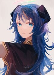  arknights black_dress blue_eyes blue_hair commentary dress female grey_background gupipy halo horns long_hair looking_at_viewer mostima_(arknights) mostima_(spellbreaker)_(arknights) official_alternate_costume parted_lips simple_background smile solo upper_body 