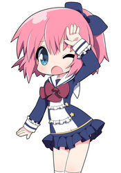  ;o arm_up blue_dress blue_eyes blue_ribbon bow chibi commentary_request dress female frilled_dress frills hair_between_eyes hair_ribbon long_sleeves one_eye_closed open_mouth original osaragi_mitama over-kneehighs pink_hair ponytail red_bow ribbon simple_background solo star_(symbol) thighhighs white_background white_thighhighs 