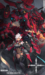  absurdres ahoge armor armpit_cutout ass_visible_through_thighs bikini_armor black_legwear breasts character_name clothing_cutout commentary commission covered_navel dark_skin english_commentary female full_body gloves headgear highres holding holding_weapon hood hood_down large_breasts long_sleeves looking_at_viewer mecha mecha_musume naginata original parted_lips pointy_ears polearm red_eyes red_sleeves robot see-through solo_focus stomach_cutout swept_bangs syaha thighhighs weapon white_gloves white_hair 