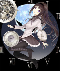  akasaka_aka akemi_homura akemi_homura_(magical_girl) analog_clock argyle_clothes argyle_legwear arms_at_sides black_background black_hair black_hairband black_pantyhose breasts capelet clock commentary_request dot_nose earth_(planet) expressionless feet_up female frilled_skirt frills full_body gears grey_capelet grey_ribbon grey_skirt hairband head_tilt light_blush long_hair long_sleeves looking_at_viewer mahou_shoujo_madoka_magica mahou_shoujo_madoka_magica_(anime) neck_ribbon pantyhose parted_lips planet pleated_skirt purple_eyes ribbon roman_numeral shield simple_background skirt small_breasts solo space star_(sky) teeth upper_teeth_only wavy_hair 