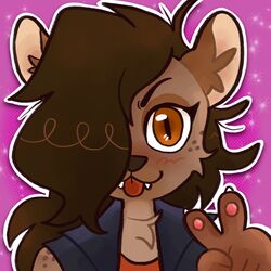  1:1 alexbeeeza anthro brown_hair bust_portrait clothing digital_media_(artwork) female gesture hair hand_gesture helena_(bonk6) hi_res hyena jacket mammal outline portrait solo tongue tongue_out topwear v_sign 