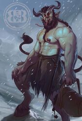  2018 5_fingers abs anthro bag beard biceps body_hair bottomwear bovid brown_body brown_fur brown_hair bruteandbrawn caprine christmas clothed clothing coal demon digital_media_(artwork) ear_piercing ear_ring facial_hair facial_piercing fingers fur goat hair happy_trail hi_res holidays hooves horn humanoid hybrid krampus long_nails long_tongue looking_at_viewer male mammal muscular muscular_male navel nipple_piercing nipples nose_piercing nose_ring outside pecs piercing red_eyes ring_piercing sharp_teeth shorts snow snowing solo teeth tongue topless topless_male watermark 