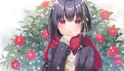  black_hair black_jacket blazer blush breath brown_sweater commentary diagonal_stripes dress_shirt enpera female flower fringe_trim green_ribbons hair_ribbon jacket kurasawa_moko long_hair looking_at_viewer open_clothes open_jacket original parted_lips red_eyes red_flower red_scarf ribbon scarf school_uniform shirt snowing solo striped sweater upper_body very_long_hair white_shirt 