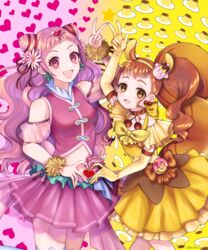  2girls absurdres amano_hotaru_(hotaama) animal_ears arisugawa_himari back_bow bow brown_bow brown_choker brown_hair choker clover_earrings collarbone cone_hair_bun cowboy_shot crop_top cure_custard cure_yell double_bun earrings elbow_gloves extra_ears flower food food-themed_background food-themed_hair_ornament gloves gradient_background hair_bun hair_flower hair_ornament hair_ribbon hairband heart heart_background heart_hair_ornament heart_hands heart_hands_duo heart_pouch highres hugtto!_precure in-franchise_crossover jewelry kirakira_precure_a_la_mode long_hair looking_at_viewer magical_girl multiple_girls navel nono_hana open_mouth pink_bow pink_eyes pink_hair pink_skirt pouch precure pudding red_ribbon ribbon side_ponytail signature skirt smile squirrel_ears squirrel_tail standing tail thighhighs twitter_username two-tone_background v waist_bow white_legwear yellow_eyes yellow_gloves yellow_hairband yellow_skirt 