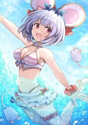  animal_ears barefoot bikini blush breasts bubble cleavage cloud commentary_request eyewear_on_head fake_animal_ears female frilled_skirt frills granblue_fantasy grey_hair gum_(vivid_garden) highleg highleg_bikini highres medium_breasts mouse_(animal) mouse_ears navel open_mouth partially_submerged pink_eyes scrunchie short_hair skirt sky solo striped_bikini striped_clothes sunglasses swimsuit vikala_(blooming_summer_wallflower)_(granblue_fantasy) vikala_(granblue_fantasy) 