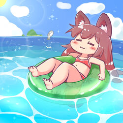  :3 animal_ear_fluff animal_ears bikini blue_sky brown_hair closed_eyes closed_mouth cloud commentary_request female fish imaizumi_kagerou innertube light_particles long_hair maitora navel ocean outdoors red_bikini sky smile solo star_(symbol) swim_ring swimsuit touhou wolf_ears 