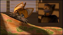  3d_(artwork) anthro bedding black_border blanket blinds blush border canid canine chadchan3d comic_panel digital_media_(artwork) duo evil_grin fox fox_mccloud hi_res looking_at_another looking_back male mammal nintendo pronounced_browridge sega smile smug_face smug_grin sonic_the_hedgehog_(series) star_fox surprise tails warfare_fox warfare_machine 