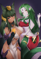  2girls absurdres animal_ears animal_hands anubis_(monster_girl_encyclopedia) blush breasts cleavage closed_mouth cowboy_shot cup dark-skinned_female dark_green_hair dark_skin echidna_(monster_girl_encyclopedia) green_eyes green_hair hair_ornament hair_tubes highres holding holding_cup kakuma lamia large_breasts long_hair looking_at_viewer looking_back monster_girl monster_girl_encyclopedia multiple_girls pale_skin parted_bangs pointy_ears scales slit_pupils smile snake_hair snake_hair_ornament standing tail take_your_pick wolf_ears wolf_girl wolf_tail yellow_eyes 