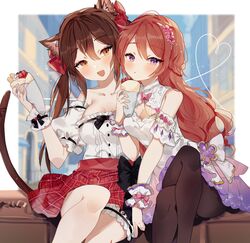  2girls :d :o black_bow black_legwear blush bow breasts brown_eyes brown_hair cleavage cleavage_cutout clothing_cutout commission crepe dress effiez_(vtuber) english_commentary food heart highres holding holding_food indie_virtual_youtuber medium_breasts multiple_girls nina_saotome nina_saotome_(2nd_costume) oerba_yun_fang open_mouth pantyhose pink_bow purple_eyes red_skirt second-party_source skeb_commission skirt smile sorani_(kaeru0768) thigh_strap twintails virtual_youtuber white_dress 