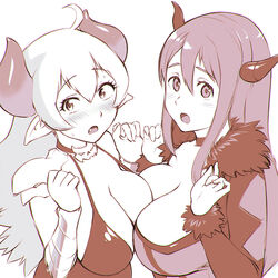  2girls ahoge asymmetrical_docking blush breast_press breasts choker cleavage commentary_request crossover demon_girl dress fur-trimmed_dress fur-trimmed_sleeves fur_trim halterneck hands_up horns large_breasts long_hair long_sleeves looking_at_viewer maou_(maoyuu) maoyuu_maou_yuusha multiple_girls nose_blush oerba_yun_fang open_mouth pointy_ears sideways_glance simple_background sweatdrop ueyama_michirou vambraces white_background yuusha_to_maou_no_rabu_kome 