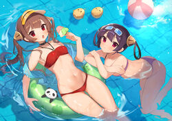  2girls ass_visible_through_thighs azur_lane ball bare_arms bare_legs beachball bikini breasts brown_hair choker closed_mouth floating from_above goggles goggles_on_head hair_rings highres ice_cream_cone innertube looking_at_viewer manjuu_(azur_lane) medium_breasts multiple_girls navel ning_hai_(azur_lane) ning_hai_(summer_hunger)_(azur_lane) open_mouth ping_hai_(azur_lane) ping_hai_(summer_vacation)_(azur_lane) pool purple_bikini purple_hair red_bikini red_eyes siblings sidelocks sisters small_breasts stomach swim_ring swimsuit thigh_gap thighs tiles twintails visor_cap yayako_(804907150) 