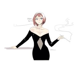  alternate_costume ark_royal_(kancolle) black_dress blue_eyes blunt_bangs bob_cut commentary_request cowboy_shot dress female highres kantai_collection looking_at_viewer off-shoulder_dress off_shoulder red_hair short_hair simple_background smoking_pipe solo standing tada_(tactical_tada) translation_request white_background 