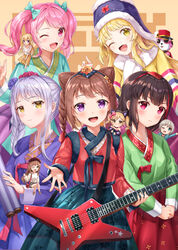  6+girls :t ;d alternate_hairstyle animal_ears aoba_moca arm_up bad_id bad_pixiv_id bag bang_dream! beret black_flower black_hair black_ribbon blonde_hair blue_eyes blue_flower blue_headwear blue_jacket blue_skirt blush bow braid brown_hair brown_skirt cat_ears chibi chima_(clothes) closed_mouth commentary_request cone_hair_bun double_bun electric_guitar fake_animal_ears flower green_bow green_eyes grey_hair guitar hair_bun hair_flower hair_ornament hair_ribbon hairband hairbow hat holding hood hood_down hooded_jacket ichigaya_arisa imai_lisa instrument jacket jeogori_(clothes) korean_clothes long_hair long_sleeves looking_at_viewer lunacle maruyama_aya michelle_(bang_dream!) minato_yukina mini_person minigirl mitake_ran multicolored_hair multiple_girls nose_blush on_shoulder one_eye_closed open_clothes open_jacket open_mouth outstretched_arm photoshop_(medium) pink_bow pink_hair pink_ribbon pleated_skirt pout puffy_long_sleeves puffy_short_sleeves puffy_sleeves purple_eyes purple_flower purple_hair purple_rose purple_skirt red_bow red_eyes red_flower red_hair red_headwear red_rose red_skirt ribbon rose scarf scroll shako_cap shirasagi_chisato shirt shoe_soles shoes short_hair short_sleeves shoulder_bag sitting skirt skirt_hold smile streaked_hair toyama_kasumi tsurumaki_kokoro twintails v-shaped_eyebrows very_long_hair white_footwear white_scarf white_shirt x_hair_ornament yellow_eyes yellow_flower yellow_shirt 