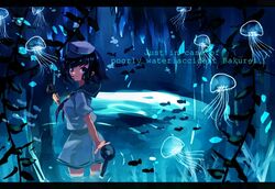  anchor black_hair blue_eyes blue_theme bubble commentary_request english_text engrish_text female fish hat hishaku holding jellyfish leaf letterboxed looking_at_viewer murasa_minamitsu neckerchief plant pool puffy_short_sleeves puffy_sleeves ranguage red_neckerchief red_ribbon ribbon sailor sailor_hat shinjitsu_no_kuchi shirt short_hair short_sleeves skirt solo touhou wading water white_hat white_shirt white_skirt 