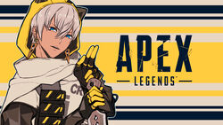  1boy animal_hood black_gloves cat_hood copyright_name cosplay dark-skinned_male dark_skin earrings gloves grey_hair highres holding holding_knife hood hood_up hope&#039;s_dusk_(apex_legends) ibrahim_(nijisanji) jewelry knife kunai logo male_focus nijisanji open_mouth razu_(razu_com_jp) scarf solo v-shaped_eyebrows virtual_youtuber void_prowler_wraith weapon white_scarf wraith_(apex_legends) wraith_(apex_legends)_(cosplay) 