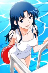  blue_eyes blue_hair climbing covered_nipples female from_above fujiwara_aya holding holding_behind_back long_hair non-web_source official_art one-piece_swimsuit open_mouth photoshop_(medium) pool pool_ladder school_swimsuit solo super_real_mahjong swimsuit tanaka_ryou water wet white_one-piece_swimsuit 