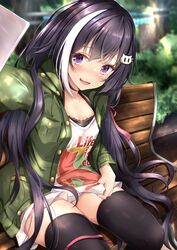  :3 absurdres bench black_hair black_thighhighs blurry blurry_background blush breasts camisole cellphone cleavage clothes_writing collarbone commentary_request feet_out_of_frame female green_jacket hair_ornament hairclip highres holding holding_phone jacket karyl_(princess_connect!) karyl_(real)_(princess_connect!) long_hair long_sleeves looking_at_viewer multicolored_hair oerba_yun_fang open_mouth outdoors outstretched_arm phone princess_connect! purple_eyes rumiko_(rmeco) selfie shirt shirt_hold sitting skin_fang smartphone solo streaked_hair thighhighs very_long_hair white_shirt zettai_ryouiki 