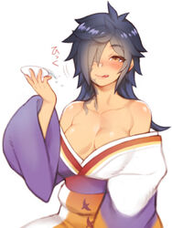  :q bare_shoulders black_hair blush breasts brown_eyes cleavage collarbone commentary_request drunk facial_mark female folks_(nabokof) genderswap_(mtf) hair_over_one_eye japanese_clothes kimono long_hair looking_at_viewer messy_hair off_shoulder rokurou_rangetsu rule_63 shiny_skin simple_background smile solo tales_of_(series) tales_of_berseria tongue tongue_out upper_body white_background 