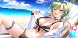  beach bikini blush breasts cameltoe cleavage clouds collar cropped drink garter giga green_eyes green_hair jinki_extend open_shirt shirt short_hair sky sunglasses suyamori swimsuit tachibana_elnie underboob waifu2x water wet wristwear 