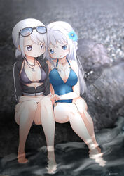  2girls abutomato bikini black_bikini black_shirt blue_eyes blurry blurry_background braid breasts cleavage collarbone commentary_request covered_navel eyewear_on_head flower grey_eyes hair_flower hair_ornament highres holding_hands izumi_kanagi izumi_kanagi_(swimsuit_costume) jewelry large_breasts long_hair magia_record:_mahou_shoujo_madoka_magica_gaiden mahou_shoujo_madoka_magica multiple_girls necklace one-piece_swimsuit open_clothes open_shirt shirt short_hair sitting smile sunglasses swimsuit twitter_username water watermark white_hair yakumo_mitama yakumo_mitama_(swimsuit_costume) yuri 