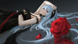  absurdres anming bare_shoulders black_dress blood blood_on_face blue_hair breasts commentary_request dress female flower girls&#039;_frontline hand_on_own_head highres jewelry long_hair looking_at_viewer lying necklace official_alternate_costume red_eyes red_ribbon ribbon rose thunder_(black_swan&#039;s_dream)_(girls&#039;_frontline) thunder_(girls&#039;_frontline) 