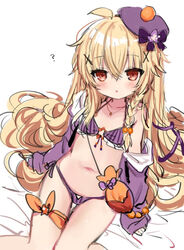  arm_support bare_shoulders bed_sheet beret bikini bikini_under_clothes blonde_hair blush bow braid brown_eyes collarbone commentary_request feet_out_of_frame female flower flower_knight_girl hair_between_eyes hair_bobbles hair_ornament hat hat_bow hat_flower jacket knees_together_feet_apart kuko_(flower_knight_girl) long_hair long_sleeves navel off_shoulder open_clothes open_jacket parted_lips purple_bikini purple_bow purple_flower purple_hat purple_jacket shiodome_oji simple_background sleeves_past_wrists solo striped_bikini striped_clothes swimsuit thigh_gap vertical-striped_bikini vertical-striped_clothes very_long_hair white_background x_hair_ornament 