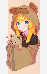  :3 animal_hood bad_id bad_pixiv_id bear_hood black_jacket blonde_hair blue_eyes blunt_bangs blush bow brown_background collared_shirt copyright_request cropped_torso female hair_ornament hairclip heart highres holding holding_stuffed_toy hood hood_up indie_virtual_youtuber jacket lerio_(leriodraws) long_hair oerba_yun_fang red_bow shirt smile solo striped striped_bow stuffed_animal stuffed_toy teddy_bear virtual_youtuber white_background white_hair 