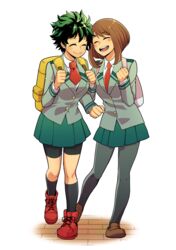  2girls blush bob_cut boku_no_hero_academia brown_hair closed_eyes commentary_request eyelashes freckles genderswap_(mtf) green_hair happy kamichi_ka locked_arms looking_at_another midoriya_izuku multiple_girls necktie pantyhose rule_63 school_uniform shoes short_hair shorts shorts_under_skirt simple_background skirt smile socks u.a._school_uniform uraraka_ochako walking white_background 