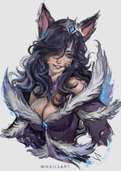  ahri_(league_of_legends) alternate_hairstyle animal_ears black_hair blue_eyes breasts cleavage cropped_torso detached_collar facial_mark fangs female fox_ears fur_collar highres large_breasts league_of_legends long_hair looking_at_viewer midnight_ahri smile solo strapless tiara whails whisker_markings yellow_eyes 