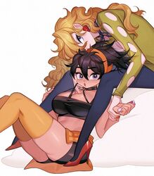  2girls black_hair blonde_hair blush bra breasts cleavage cleavage_cutout clothing_cutout crop_top earrings food-themed_earrings food_print genderswap_(mtf) ginmu halterneck headband high_heels holding holding_another&#039;s_leg holding_another&#039;s_wrist jewelry jojo_no_kimyou_na_bouken large_breasts long_hair midriff multiple_girls narancia_ghirga neckerchief open_mouth pannacotta_fugo pantyhose plump ponytail purple_eyes rule_63 short_shorts shorts sitting skindentation skirt strap_pull strawberry_earrings strawberry_print thick_thighs thighhighs thighs underwear vento_aureo wavy_hair white_background 