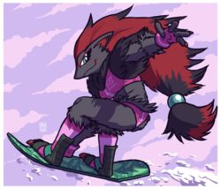  2019 4_fingers absurd_res anthro border clothing female fingerless_gloves fingers fur generation_5_pokemon gloves grey_body grey_fur handwear hi_res looking_at_viewer megawolf77 nintendo pink_clothing pink_gloves pink_handwear pokemon pokemon_(species) smile snowboard snowboarding solo white_border zoroark 