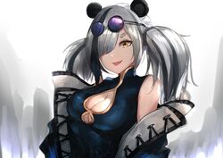  :d animal_ears arknights bare_shoulders black_hair breasts cleavage cleavage_cutout clothing_cutout commentary dress feater_(arknights) female grey_hair hair_over_one_eye kakuma long_hair looking_at_viewer medium_breasts multicolored_hair oerba_yun_fang open_mouth panda_ears smile solo streaked_hair thick_eyebrows upper_body yellow_eyes 