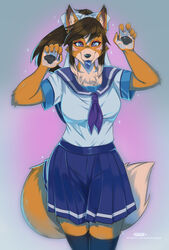  2021 anthro asian_clothing asian_mythology blush blush_lines bottomwear canid canine claws clothing digital_media_(artwork) east_asian_clothing east_asian_mythology fangs female finger_claws fluffy fluffy_tail fox furgonomics hi_res japanese_clothing japanese_school_uniform knee_highs korean_mythology kumiho kumiho_(purplelemons) legwear mammal mythological_canine mythological_creature mythological_fox mythology object_in_mouth pawpads pleated_skirt purple_eyes purplelemons school_uniform serafuku shaded skirt solo tail tail_through_skirt teeth uniform 