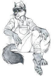  anthro arwin ballcap canid canine canis clothing country fox hat headgear headwear hi_res hybrid male mammal overalls pinup pose solo thehuntingwolf traditional_media_(artwork) western wolf 