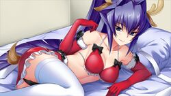  animal_ears antlers bed_sheet black_bow black_panties blue_eyes bow bra breasts cleavage closed_mouth collarbone deer_ears deer_tail elbow_gloves fake_animal_ears fake_antlers female frilled_skirt frills fur-trimmed_gloves fur_trim game_cg gloves hair_between_eyes halterneck horns long_hair looking_at_viewer lying medium_breasts miniskirt mitsurugi_meiya muv-luv muv-luv_alternative muv-luv_alternative_strike_frontier on_side panties pillow purple_hair red_bra red_gloves red_skirt reindeer_antlers sideboob skirt smile solo tail thighhighs underwear very_long_hair white_thighhighs 