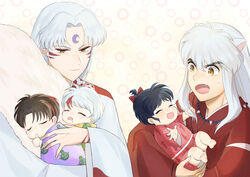  2boys ^_^ absurdres animal_ears baby black_hair bow brothers brown_hair closed_eyes closed_mouth drooling facial_mark father_and_daughter fox_ears hair_intakes hairbow han&#039;you_no_yashahime highres higurashi_towa inuyasha inuyasha_(character) japanese_clothes kimono lolicon long_hair moroha multicolored_hair multiple_boys oerba_yun_fang one_side_up pointy_ears popehe red_bow red_hair red_kimono sesshoumaru setsuna_(inuyasha) siblings sleeping streaked_hair sweatdrop thumb_sucking white_hair white_kimono 