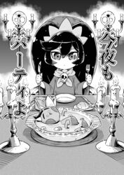  1boy :3 ashley_(warioware) blush_stickers bread butter candle candlestand chair clenched_hands commentary_request dress drinking_straw expressionless female fire flat_chest food fork greyscale hair_between_eyes hairband hands_up happy holding horns juice_box knife lolicon long_hair long_sleeves monochrome napkin neckerchief open_mouth pants partially_submerged plate red_(warioware) short_hair sitting skull smile soup table tiara tokkyuu_mikan translated twintails upper_body warioware wide_sleeves 