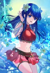  absurdres bikini bikini_skirt blue_eyes blue_hair bracelet caeda_(fire_emblem) caeda_(summer)_(fire_emblem) cowboy_shot female fire_emblem fire_emblem:_mystery_of_the_emblem fire_emblem_heroes flower hair_flower hair_ornament highres jewelry kiyuu long_hair navel official_alternate_costume partially_submerged plumeria red_bikini smile solo swimsuit thigh_strap water 