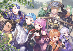  4boys 5girls armor bare_shoulders blue_hair breastplate breasts brown_eyes brown_hair claude_von_riegan cleavage closed_eyes collarbone commentary_request dragon dress earrings fire_emblem fire_emblem:_three_houses fish flayn_(fire_emblem) gauntlets gloves green_eyes green_hair hilda_valentine_goneril holding hoop_earrings ignatz_victor jewelry leonie_pinelli long_hair lorenz_hellman_gloucester lysithea_von_ordelia marianne_von_edmund multiple_boys multiple_girls one_eye_closed open_mouth orange_eyes orange_hair outdoors pink_eyes purple_eyes raphael_kirsten shade shoulder_armor smile teeth tongue white_hair yamigo 