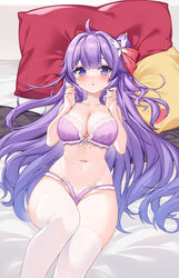  ahoge azur_lane blush bra breasts chinese_commentary cleavage commentary_request female hair_bun hair_ribbon highres large_breasts long_hair looking_at_viewer lying navel on_back one_side_up open_mouth panties partial_commentary pillow purple_bra purple_eyes purple_hair purple_panties red_ribbon ribbon single_hair_bun single_side_bun skindentation solo thighhighs underwear underwear_only unicorn_(azur_lane) very_long_hair white_thighhighs yuxian_youka 