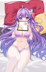  ahoge azur_lane blush bra breasts chinese_commentary cleavage commentary_request female hair_bun hair_ribbon highres large_breasts long_hair looking_at_viewer lying manjuu_(azur_lane) navel official_alternate_costume on_back one_side_up panties partial_commentary pillow purple_bra purple_eyes purple_hair purple_panties red_ribbon ribbon single_hair_bun single_side_bun skindentation solo thighhighs underwear underwear_only unicorn_(angelic_nurse)_(azur_lane) unicorn_(azur_lane) very_long_hair white_thighhighs yuxian_youka 