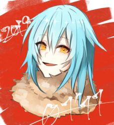  1other androgynous blue_hair fur_collar fur_scarf hair_between_eyes long_hair looking_at_viewer open_mouth rimuru_tempest sakusan_yousoeki scarf simple_background smile solo tensei_shitara_slime_datta_ken yellow_eyes 