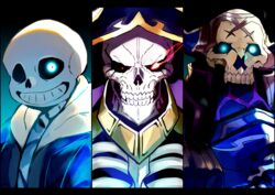  3boys ainz_ooal_gown armor blue_eyes bone cloak column_lineup commentary_request crossover fate/grand_order fate_(series) glowing glowing_eye glowing_eyes grin highres hood hoodie horns king_hassan_(fate) looking_at_viewer male_focus mask multiple_boys open_mouth overlord_(maruyama) red_eyes ribs sakusan_yousoeki sans_(undertale) skeleton skull skull_mask smile spikes teeth trait_connection undertale 