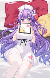  ahoge azur_lane blush breasts chinese_commentary commentary_request dress female hair_bun hair_ribbon hat heart highres large_breasts long_hair looking_at_viewer lying manjuu_(azur_lane) nurse nurse_cap official_alternate_costume on_back one_side_up partial_commentary pillow purple_eyes purple_hair red_ribbon ribbon single_hair_bun single_side_bun skindentation solo thighhighs unicorn_(angelic_nurse)_(azur_lane) unicorn_(azur_lane) very_long_hair white_dress white_hat white_thighhighs yuxian_youka zettai_ryouiki 