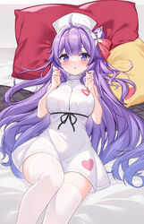  ahoge azur_lane blush breasts chinese_commentary commentary_request dress female hair_bun hair_ribbon hat highres large_breasts long_hair looking_at_viewer lying nurse nurse_cap official_alternate_costume on_back one_side_up open_mouth partial_commentary pillow purple_eyes purple_hair red_ribbon ribbon single_hair_bun single_side_bun skindentation solo thighhighs unicorn_(angelic_nurse)_(azur_lane) unicorn_(azur_lane) very_long_hair white_dress white_hat white_thighhighs yuxian_youka 