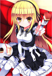  between_legs black_dress black_hairband blonde_hair blush bow breasts cake cake_slice collared_shirt commentary_request couch cup dress drinking_glass drinking_straw feet_out_of_frame female food foreshortening fork hair_between_eyes hairband hand_between_legs holding holding_fork incoming_food indoors long_hair long_sleeves looking_at_viewer maid medium_breasts neck_ribbon on_couch original panjii pantyhose parted_lips plate ribbon shirt sitting solo striped_ribbon top_of_moe_2015 underbust very_long_hair waist_ribbon white_bow white_pantyhose white_ribbon white_shirt yellow_eyes 