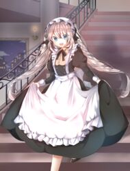  :d alternate_costume apron bad_id bad_pixiv_id blue_eyes blurry building candle clothes_lift commentary_request depth_of_field drill_hair enmaided fate/grand_order fate_(series) female grey_hair long_hair looking_at_viewer maid maid_apron maid_headdress marie_antoinette_(animejapan_2016)_(fate) marie_antoinette_(fate) official_alternate_costume open_mouth painting_(object) seno_(senohime) skirt skirt_lift skyscraper smile solo stairs twin_drills twintails 