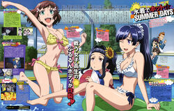  3boys 3girls :d :o ;d absurdres alternate_hairstyle ball barefoot beachball bikini black_hair breasts brown_hair camera cleavage flower frilled_bikini frills glasses green_eyes hair_flower hair_ornament highres inflatable_raft jumping kakumeiki_valvrave long_hair magazine_scan medium_breasts multiple_boys multiple_girls navel nobi_marie official_art one_eye_closed open_mouth orange_hair otamaya_yuusuke peeking_out ponytail pool purple_eyes purple_hair red_eyes rukino_saki sashinami_shouko scan school_uniform short_hair sitting smile sunflower swimsuit tamura_satomi thumbs_up tokishima_haruto water yamada_raizou 