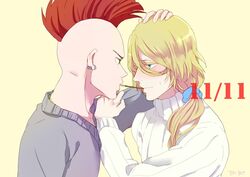  2boys artist_name bad_id bad_pixiv_id bald bazz-b bleach blonde_hair blue_eyes blush dated earrings food green_eyes jewelry jugram_haschwalth long_hair male_focus mohawk multiple_boys necklace photoshop_(medium) pocky pocky_day pocky_kiss red_hair ronisuke shared_food simple_background upper_body yaoi yellow_background 