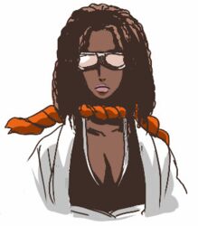  bleach breasts brown_hair cleavage dark_skin dreadlocks goggles hairlocs lipstick lowres makeup photoshop rosel-d rule_63 scarf shihackusho shinigami tousen_kaname 